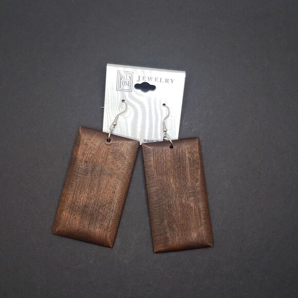 Boho Long Brown Wood Rectangle Block Earrings - Picture 5 of 5